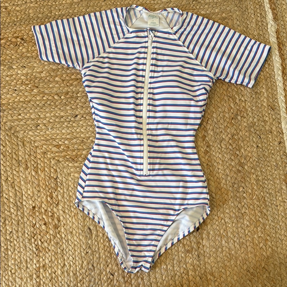 Kona Sol White and Blue Rashguard Swimwear with Zip-Up Front